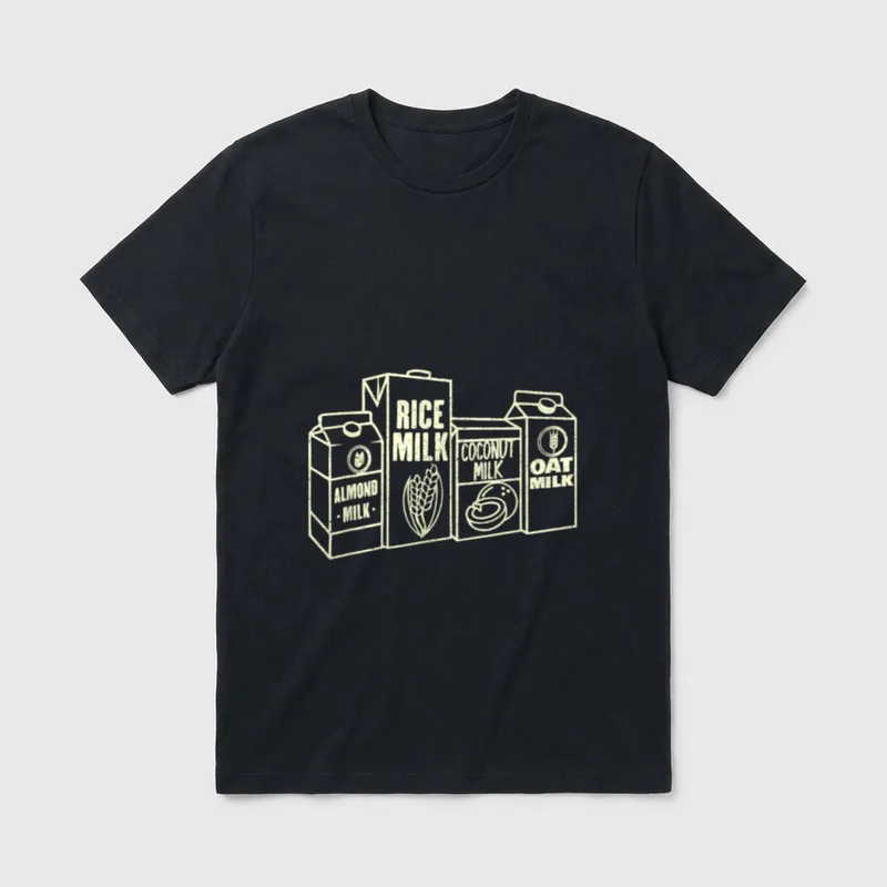Vegan Milk Rice Almond T-Shirt – Illustrated almond rice coconut and oat milk cartons – Classic T-Shirt in Black