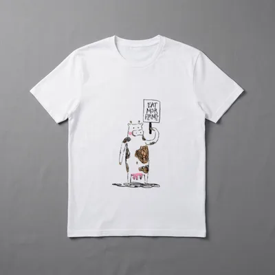 Plant Based Eat More T-Shirt – Scribbly cow holding a sign reading EAT MOR PLANTZ – Classic T-Shirt in Black