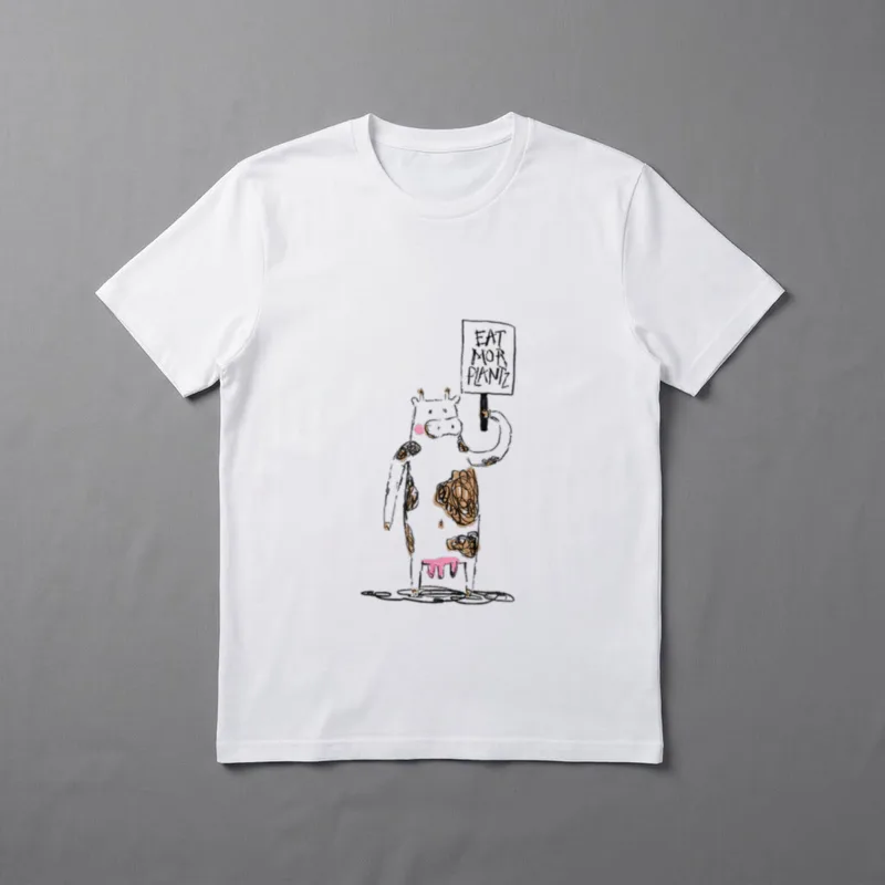 Plant Based Eat More T-Shirt – Scribbly cow holding a sign reading EAT MOR PLANTZ – Classic T-Shirt in Black