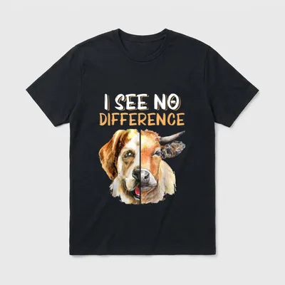 Cow Dog Face T-Shirt – Split face illustration of a dog and cow with text I see no difference – Classic T-Shirt in Black