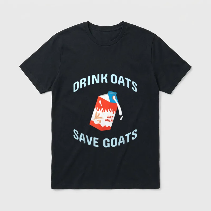 Drink Oats Save Goats T-Shirt – Red oat milk carton with Drink Oats Save Goats text – Classic T-Shirt in Black