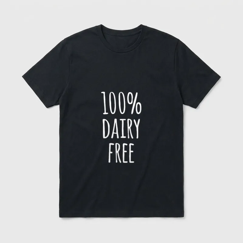 Dairy Free Vegan Support T-Shirt – White text reading 100% DAIRY FREE on a grey background – Classic T-Shirt in Black
