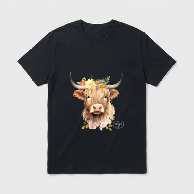Floral Shetland Cow Vegan T-Shirt – Watercolor cow with floral crown and vegan heart logo – Classic T-Shirt in Black