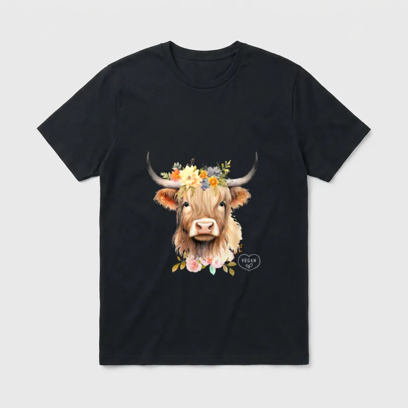 Floral Shetland Cow Vegan T-Shirt – Watercolor cow with floral crown and vegan heart logo – Classic T-Shirt in Black