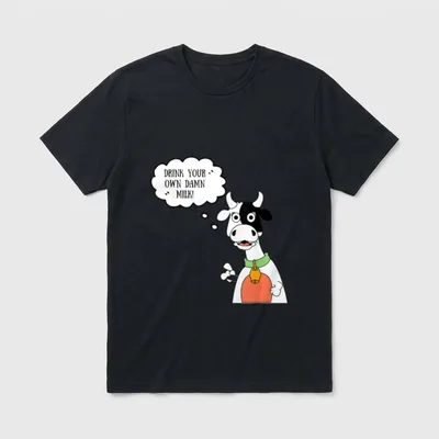 Drink Your Own Damn T-Shirt – Cartoon cow with bell saying Drink Your Own Damn Milk! – Classic T-Shirt in Black