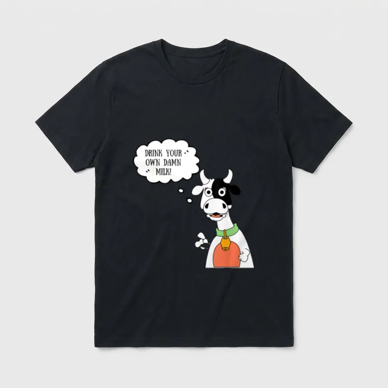 Drink Your Own Damn T-Shirt – Cartoon cow with bell saying Drink Your Own Damn Milk! – Classic T-Shirt in Black