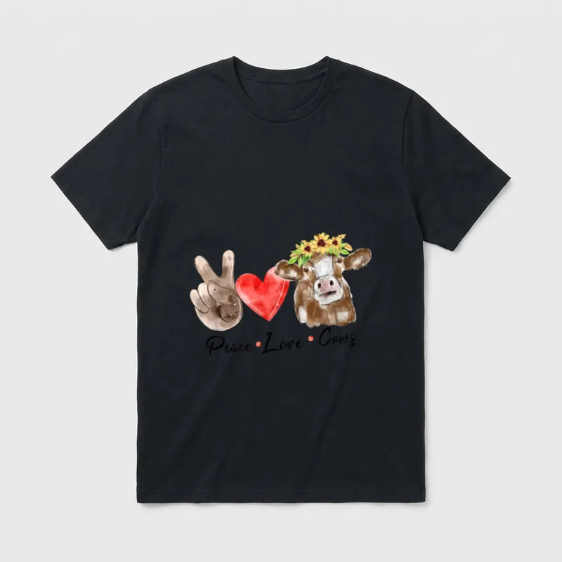 Peace Love Cows Denim T-Shirt – Muddy peace sign, red heart, and sunflower cow with script text – Classic T-Shirt in Black
