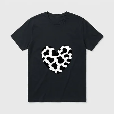 Cow Print Heart Black T-Shirt – Heart shape filled with black and white cow print pattern – Classic T-Shirt in Black