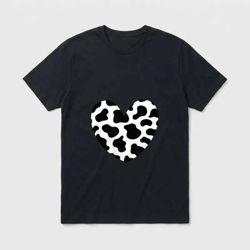 Cow Print Heart Black T-Shirt – Heart shape filled with black and white cow print pattern – Classic T-Shirt in Black