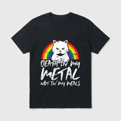 Satanic Cat Death T-Shirt – White cat head on rainbow with text DEATH IN MY METAL NOT IN MY MEALS – Classic T-Shirt in Black
