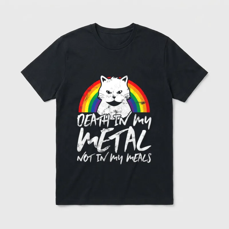 Satanic Cat Death T-Shirt – White cat head on rainbow with text DEATH IN MY METAL NOT IN MY MEALS – Classic T-Shirt in Black