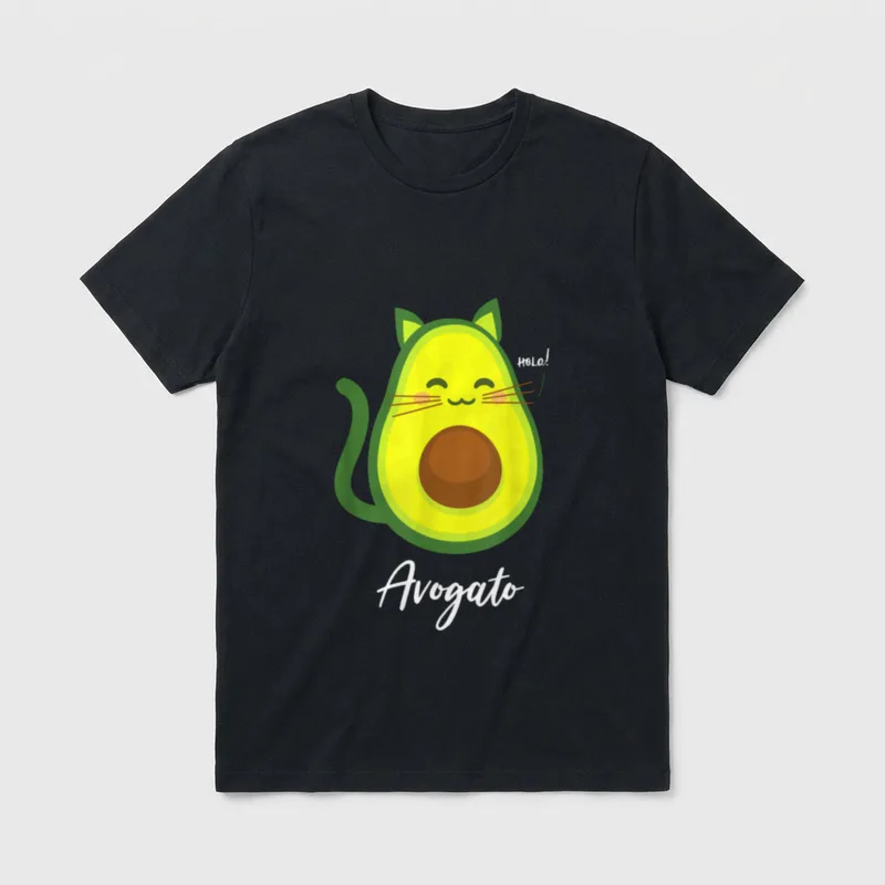 Funny Vegan Avogato Novelty T-Shirt – Smiling avocado cat illustration with text Avogato and Hola! – Classic T-Shirt in Black