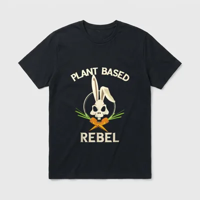 Plant Based Rebel Funny T-Shirt – PLANT BASED at top, REBEL at bottom, skull bunny with carrots – Classic T-Shirt in Black