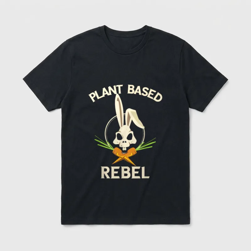 Plant Based Rebel Funny T-Shirt – PLANT BASED at top, REBEL at bottom, skull bunny with carrots – Classic T-Shirt in Black