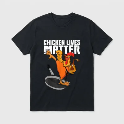 Chicken Lives Matter Veggie T-Shirt – Rooster karate pose in frying pan holding bottle under text – Classic T-Shirt in Black
