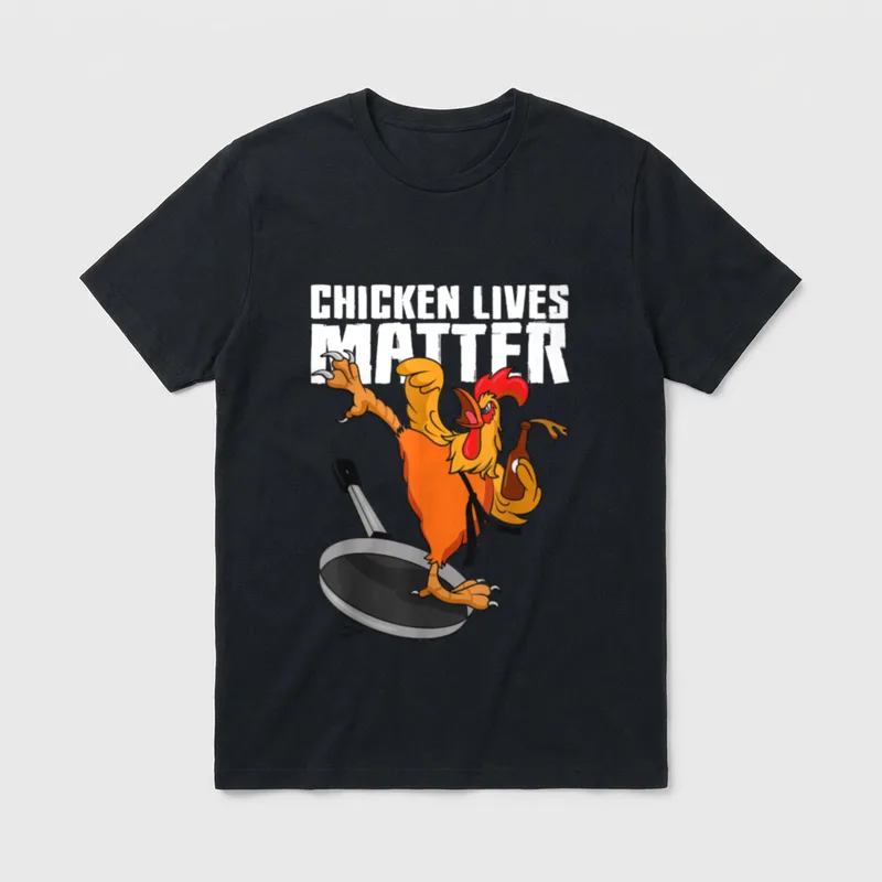 Chicken Lives Matter Veggie T-Shirt – Rooster karate pose in frying pan holding bottle under text – Classic T-Shirt in Black