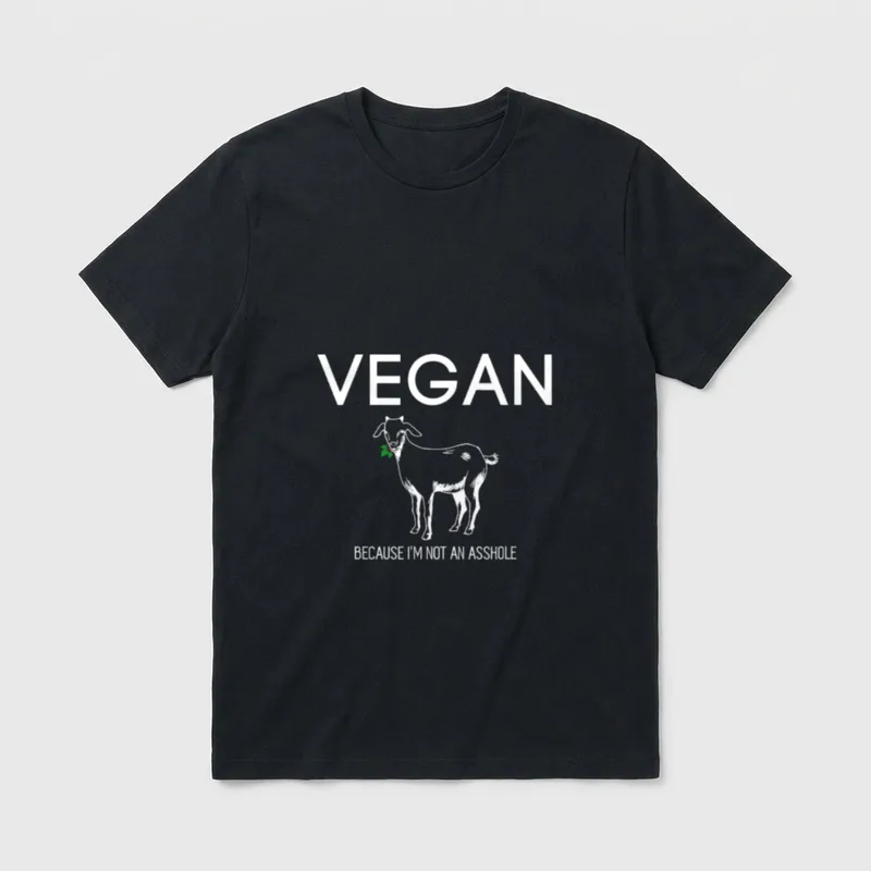 Vegan Because I'm T-Shirt – White goat illustration with leaf and vegan quote on grey background – Classic T-Shirt in Black