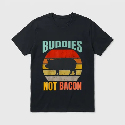 Buddies Not Bacon Cute T-Shirt – Vintage sunset pig silhouette with Buddies Not Bacon text – Classic T-Shirt in Black