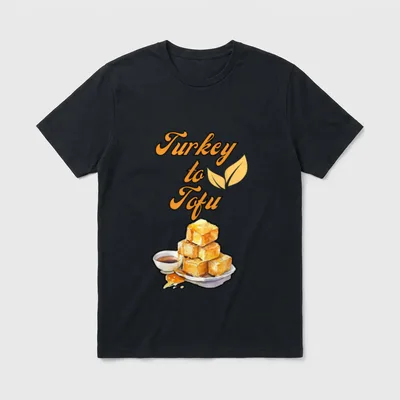 Turkey to Tofu T-Shirt – Stacked glazed tofu cubes with orange script text Turkey to Tofu – Classic T-Shirt in Black