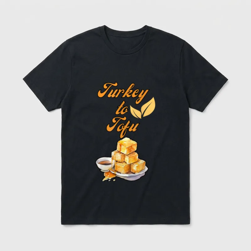 Turkey to Tofu T-Shirt – Stacked glazed tofu cubes with orange script text Turkey to Tofu – Classic T-Shirt in Black