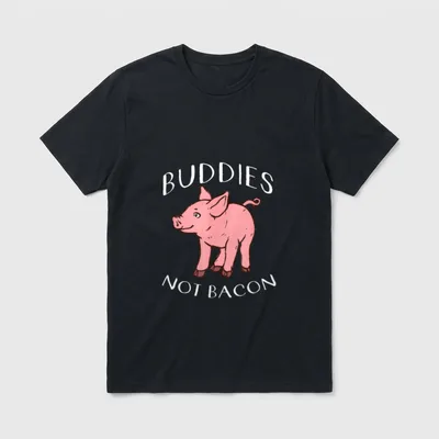 Buddies Not Bacon Cute Pig T-Shirt – Hand-drawn pink piglet with Buddies Not Bacon text – Classic T-Shirt in Black