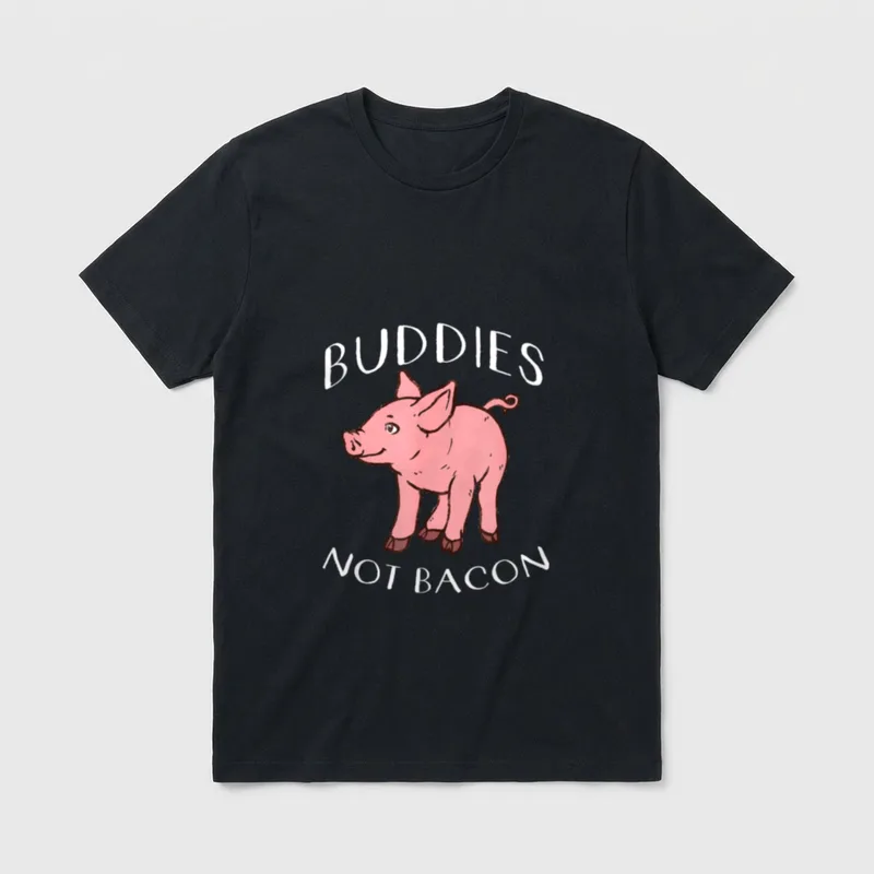 Buddies Not Bacon Cute Pig T-Shirt – Hand-drawn pink piglet with Buddies Not Bacon text – Classic T-Shirt in Black