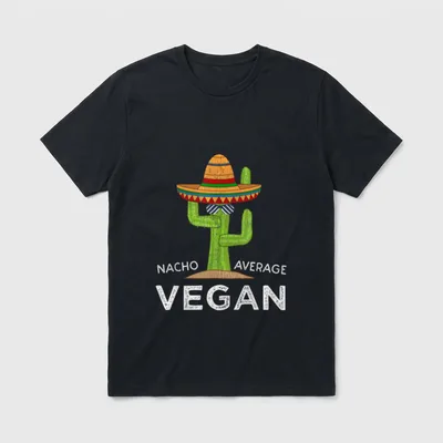 Funny Vegan Vegetarian T-Shirt – Cactus wearing sombrero with "NACHO AVERAGE VEGAN" text – Classic T-Shirt in Black