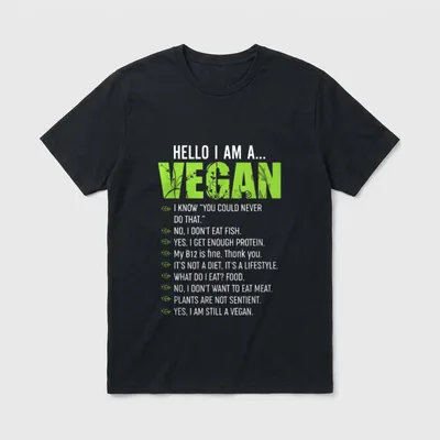 Funny Sarcastic Vegetarian Quote T-Shirt – HELLO I AM A VEGAN with vegan responses list – Classic T-Shirt in Black