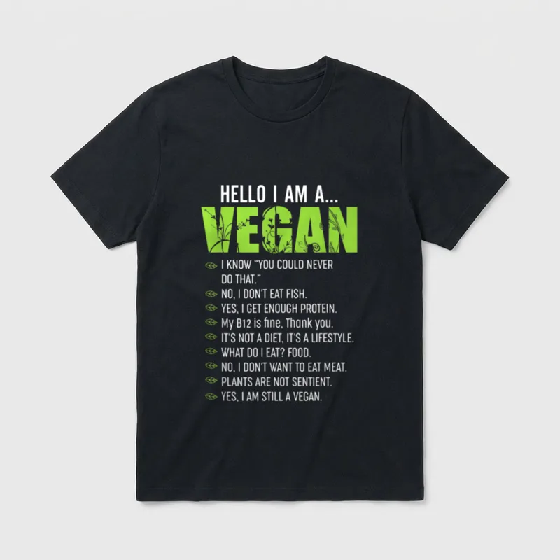 Funny Sarcastic Vegetarian Quote T-Shirt – HELLO I AM A VEGAN with vegan responses list – Classic T-Shirt in Black