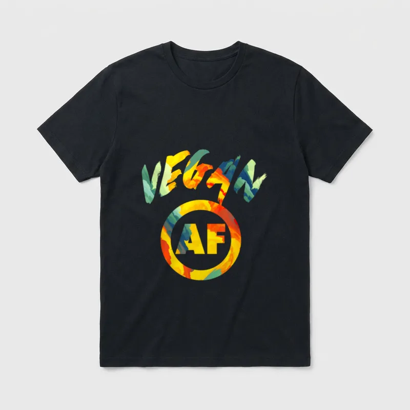 Vegan AF Cool T-Shirt – "VEGAN AF" text in a circle with green and yellow leaves – Classic T-Shirt in Black