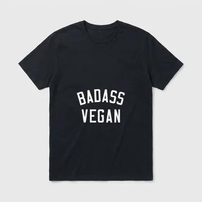 Badass Vegan Funny Vegan T-Shirt – White arched BADASS VEGAN text on grey background – Classic T-Shirt in Black
