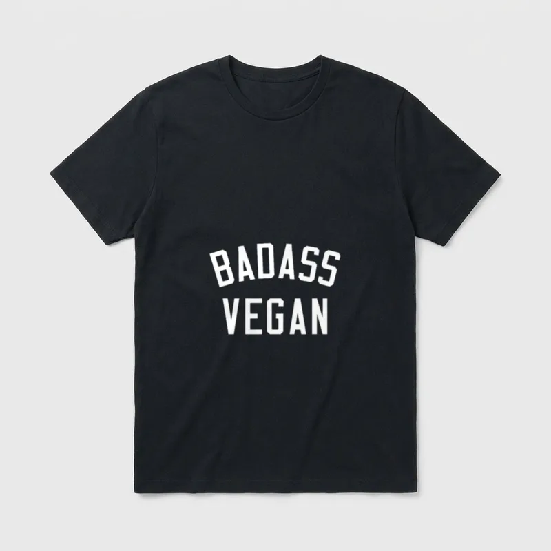 Badass Vegan Funny Vegan T-Shirt – White arched BADASS VEGAN text on grey background – Classic T-Shirt in Black