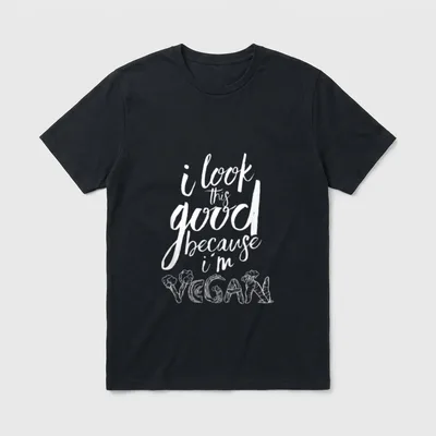 I Look So Good T-Shirt – White brush script text with vegetable letters spelling VEGAN – Classic T-Shirt in Black