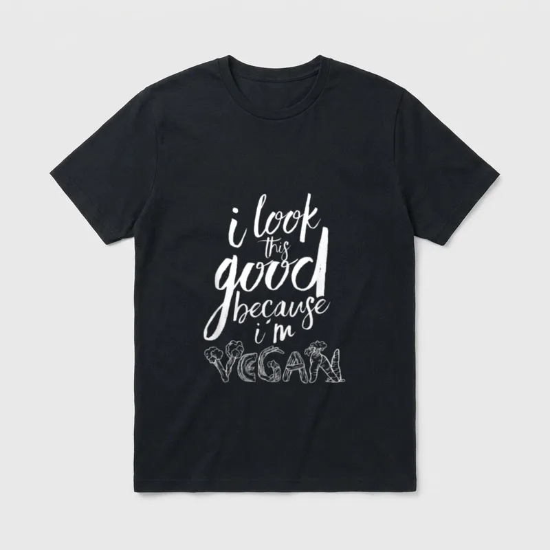 I Look So Good T-Shirt – White brush script text with vegetable letters spelling VEGAN – Classic T-Shirt in Black