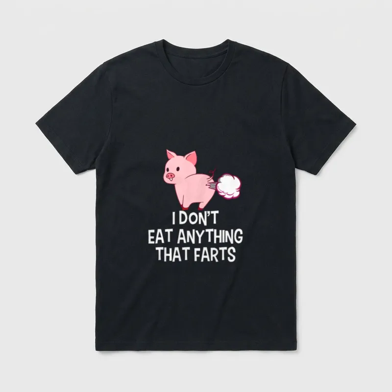 Vegan I Don't Eat T-Shirt – Cartoon pig farting with text I don't eat anything that farts – Classic T-Shirt in Black