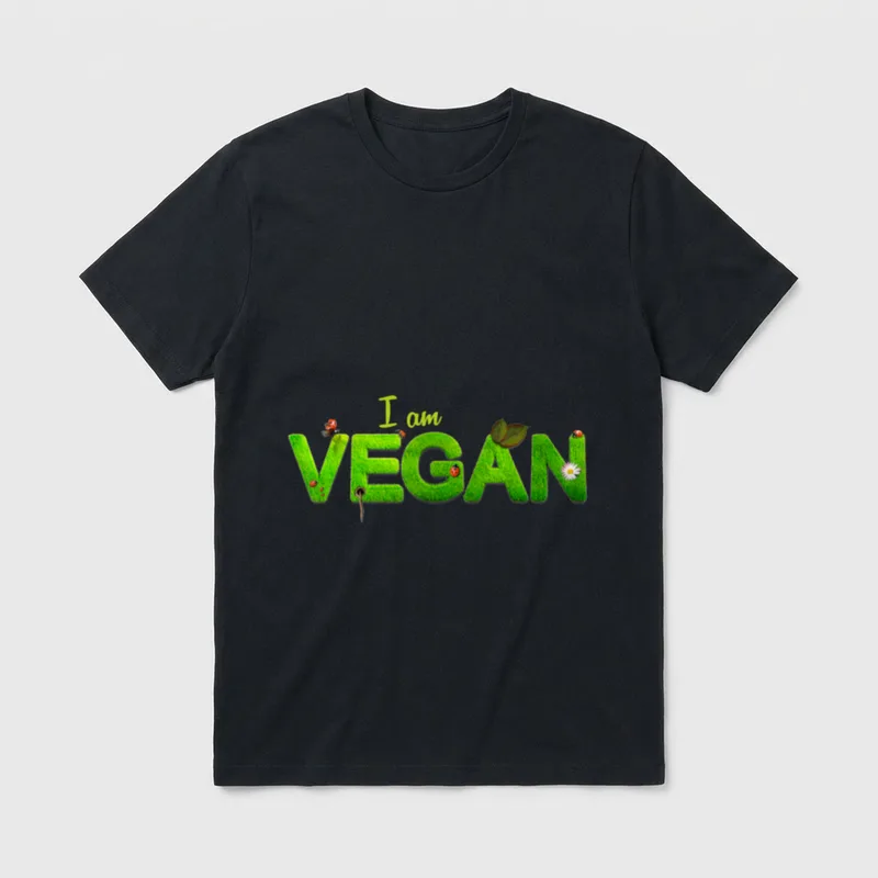 Vegan Funny T-Shirt – Grass-textured VEGAN text with ladybugs and daisy – Classic T-Shirt in Black