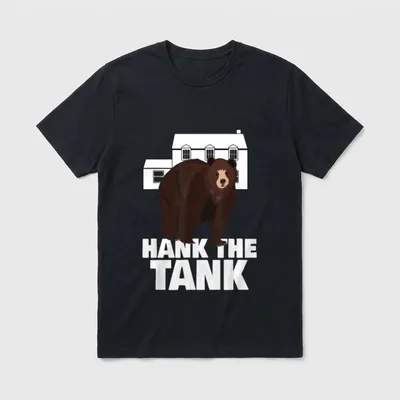 Hank The Tank T-Shirt – Brown bear standing in front of a white house with text Hank The Tank – Classic T-Shirt in Black