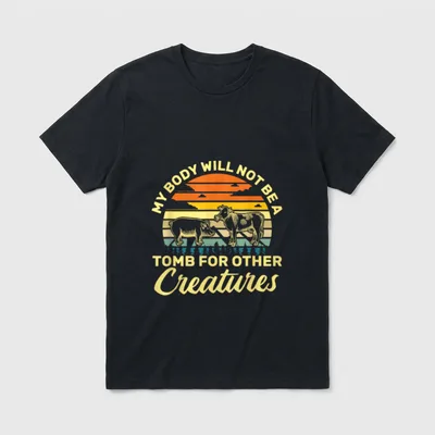 My Body Will T-Shirt – Vintage sunset with cow and pig illustration and vegan slogan text – Classic T-Shirt in Black