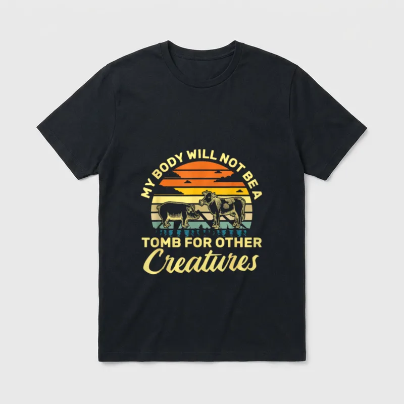 My Body Will T-Shirt – Vintage sunset with cow and pig illustration and vegan slogan text – Classic T-Shirt in Black