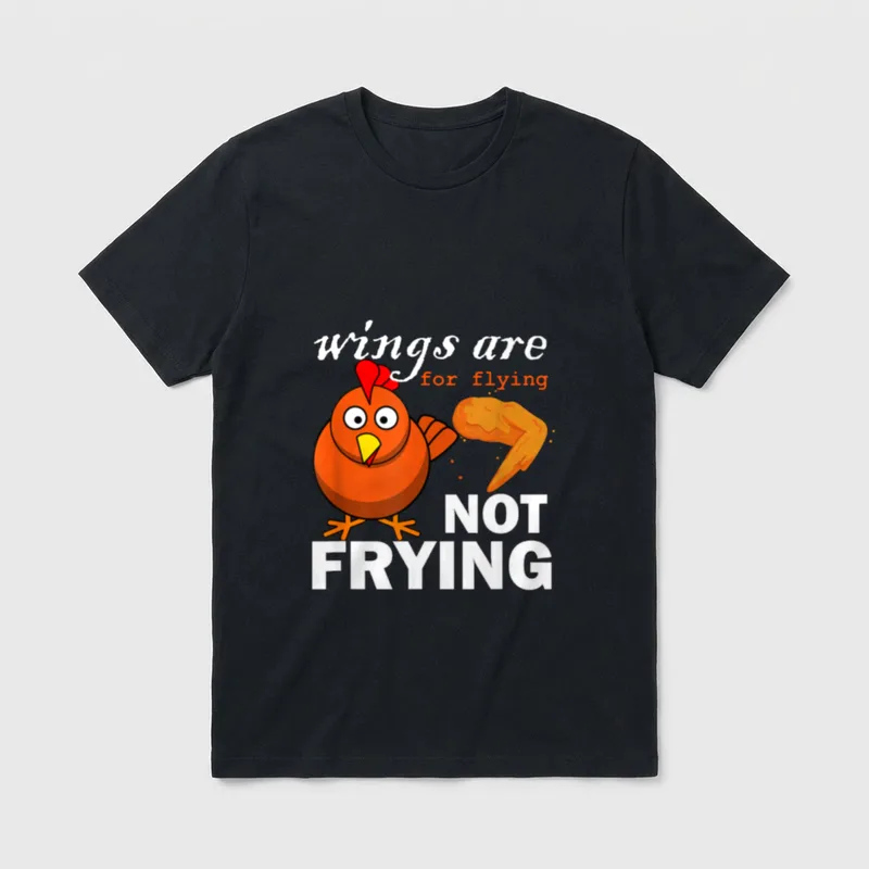 Vegetarian Funny Vegan Quote T-Shirt – Cartoon chicken with wings are for flying NOT FRYING text – Classic T-Shirt in Black