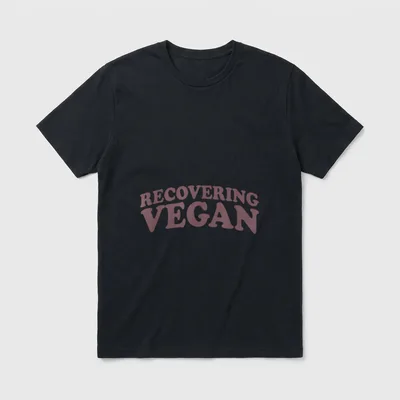 Recovering Vegan Ex Vegan T-Shirt – Retro maroon text reading Recovering Vegan on grey background – Classic T-Shirt in Black