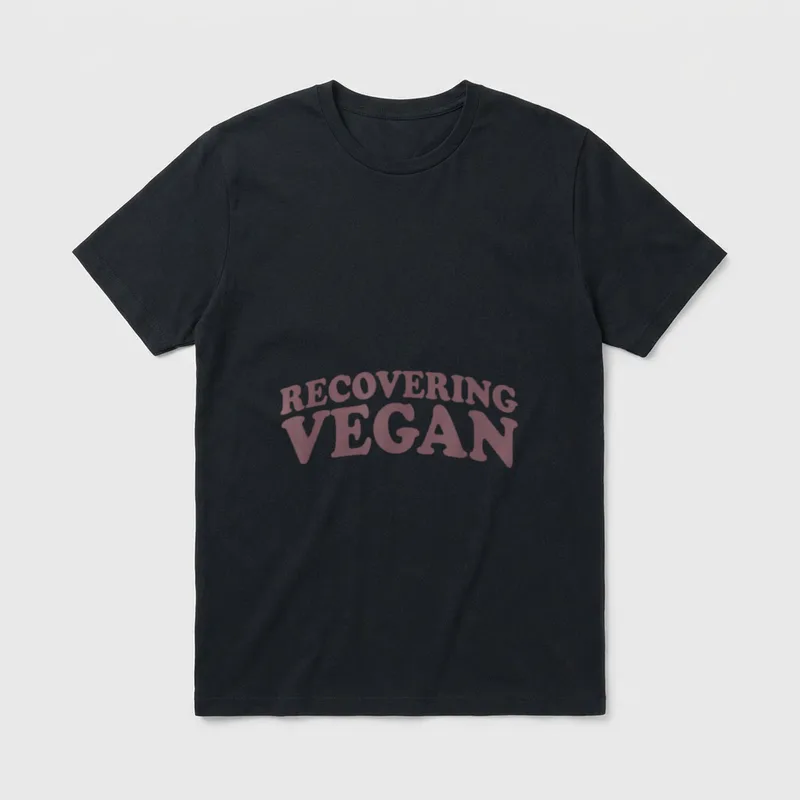 Recovering Vegan Ex Vegan T-Shirt – Retro maroon text reading Recovering Vegan on grey background – Classic T-Shirt in Black