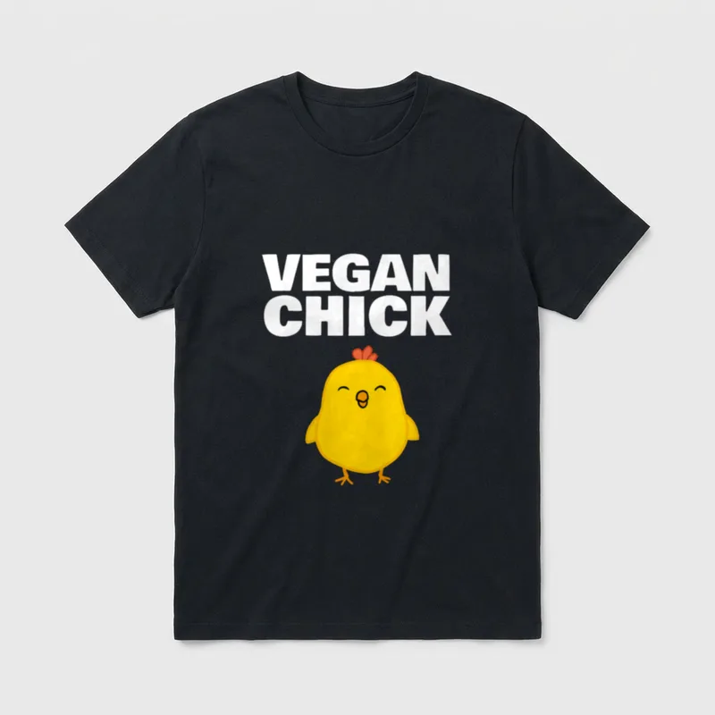 Vegan Chick funny Vegan T-Shirt – Yellow cartoon chick below bold white VEGAN CHICK text – Classic T-Shirt in Black