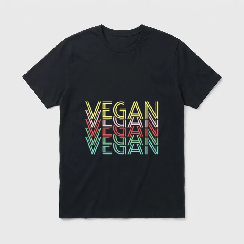 Vegan Retro Vintage Funny T-Shirt – Stacked VEGAN text in yellow pink red and teal retro font – Classic T-Shirt in Black