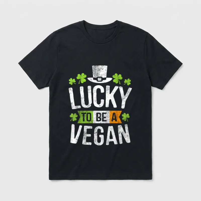 Lucky To Be A Vegan Funny T-Shirt – Lucky To Be A Vegan shirt with top hat and shamrocks – Classic T-Shirt in Black