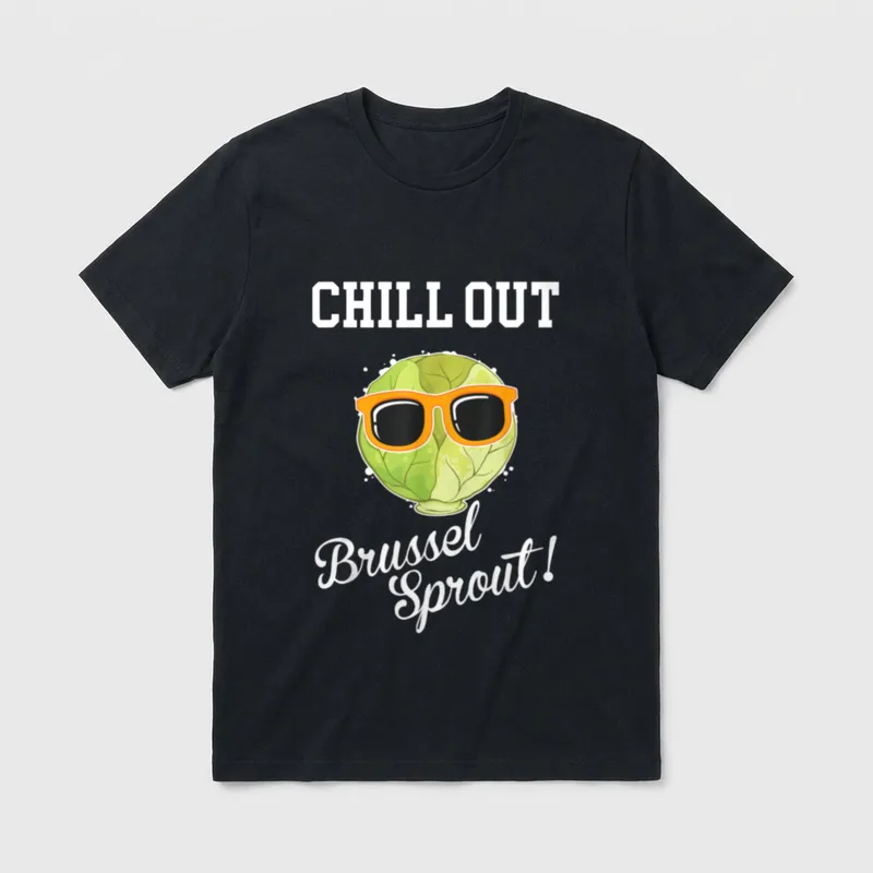 Funny Vegetarian Food Chill T-Shirt – Brussel sprout wearing orange sunglasses with text chill out – Classic T-Shirt in Black