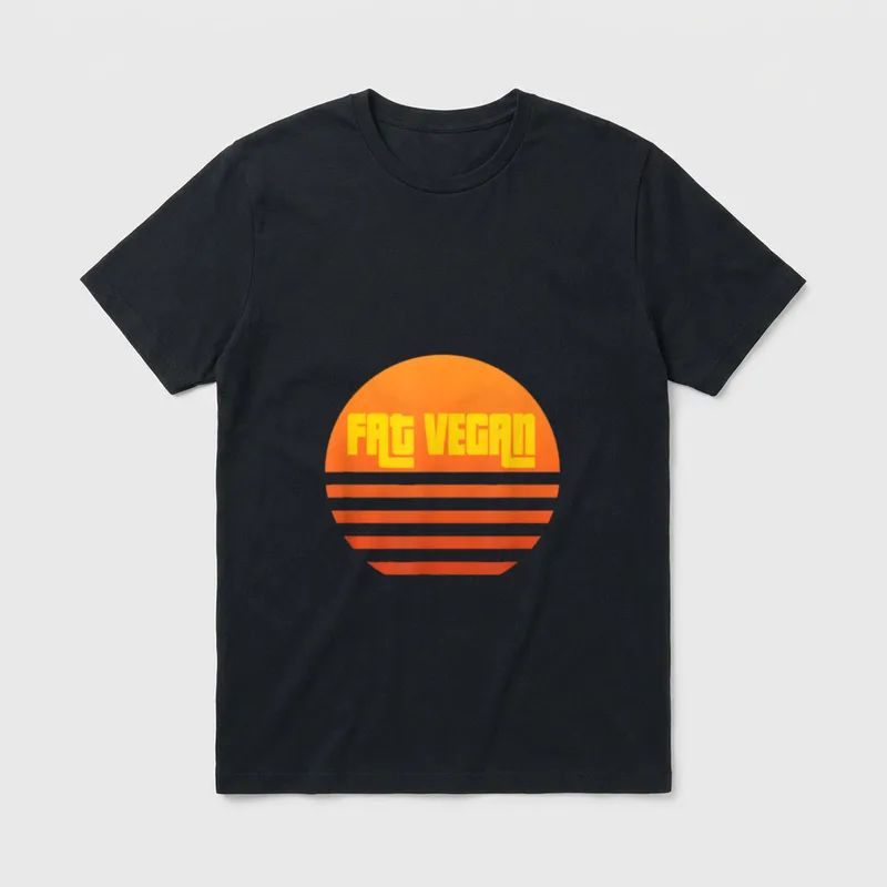 Funny Fat Vegan Funny Vegan Sayings T-Shirt – Retro orange sun graphic with yellow FAT VEGAN text – Classic T-Shirt in Black