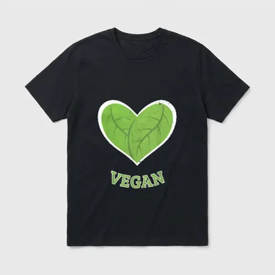 Vegan Heart Leaf Funny T-Shirt – Green leaf heart graphic with VEGAN text below – Classic T-Shirt in Black
