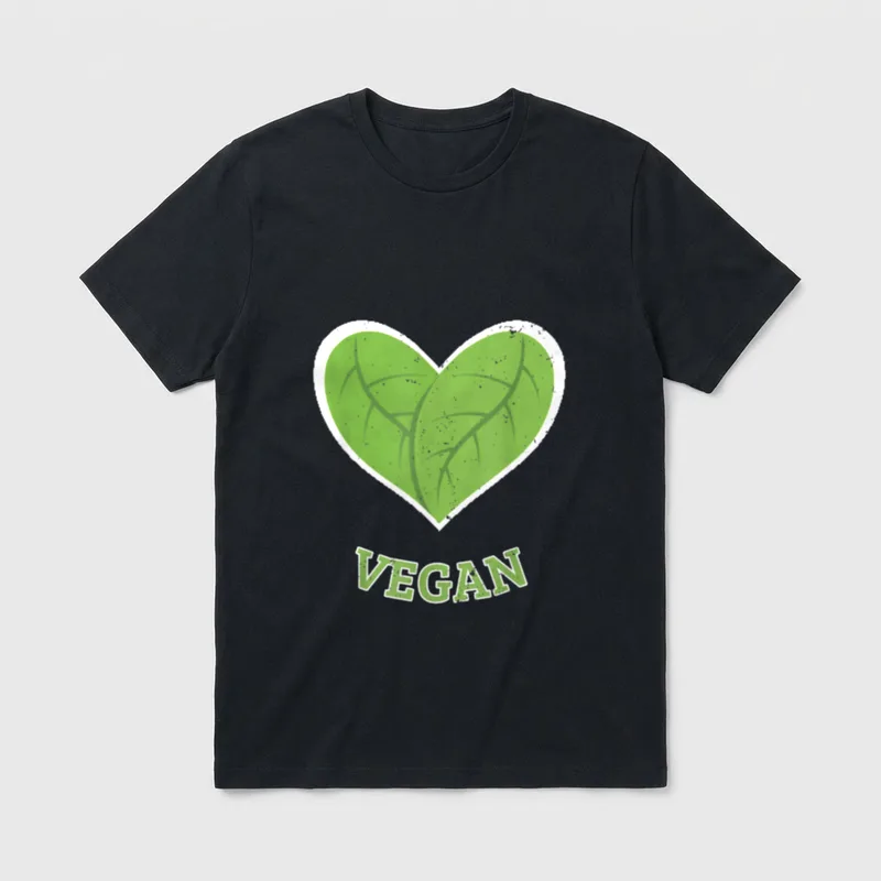 Vegan Heart Leaf Funny T-Shirt – Green leaf heart graphic with VEGAN text below – Classic T-Shirt in Black