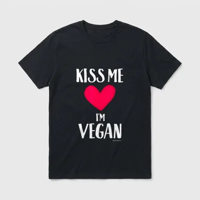 Kiss me I'm Vegan Valentines T-Shirt – Red heart graphic with white text reading Kiss Me I'm Vegan – Classic T-Shirt in Black